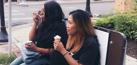 Fran and Glaiza plan their next episode Photo of Fran and Glaiza eating ice cream on a bench
