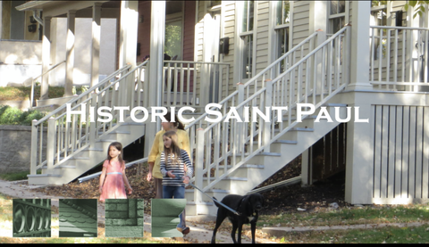 Screenshot of Historic Saint Paul video title showing family walking down the street with dog.