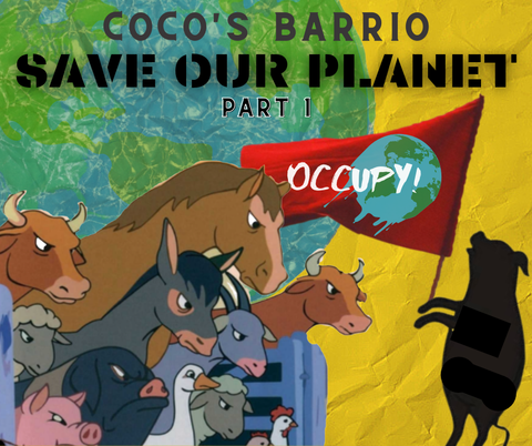 Logo using cartoon animals from Animal Farm with Cocos Barrio Save Our Planet Part in block letters