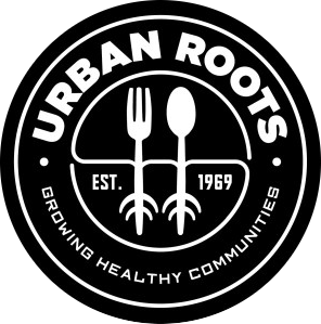 Urban Roots logo Urban Roots logo with slogan and fork and spoon with roots graphic