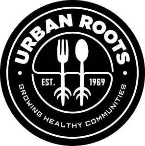 Urban Roots logo with slogan and fork and spoon with roots graphic